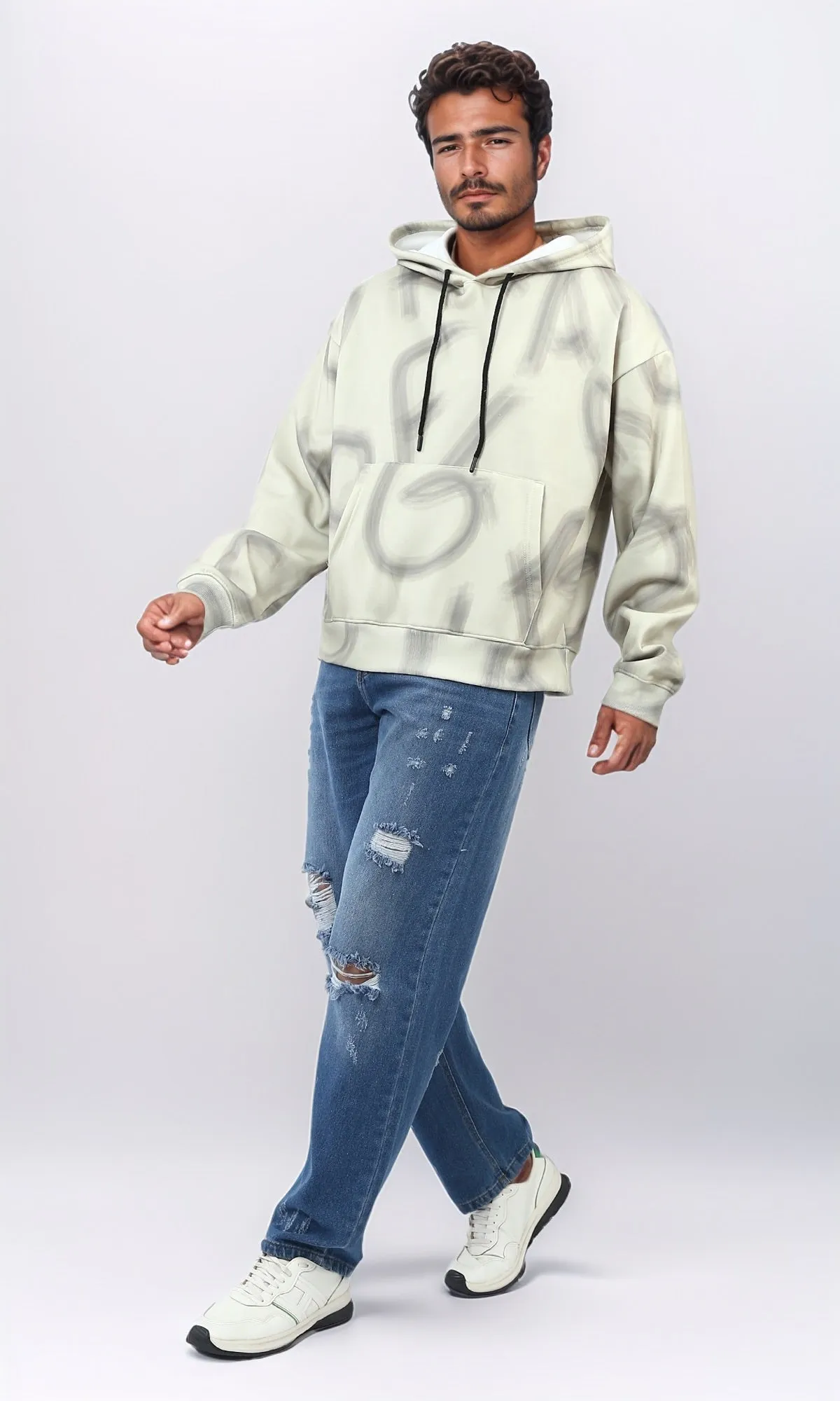 o197317 - Multipattern Fleece Hoodie with Long Sleeves - Beige & Black