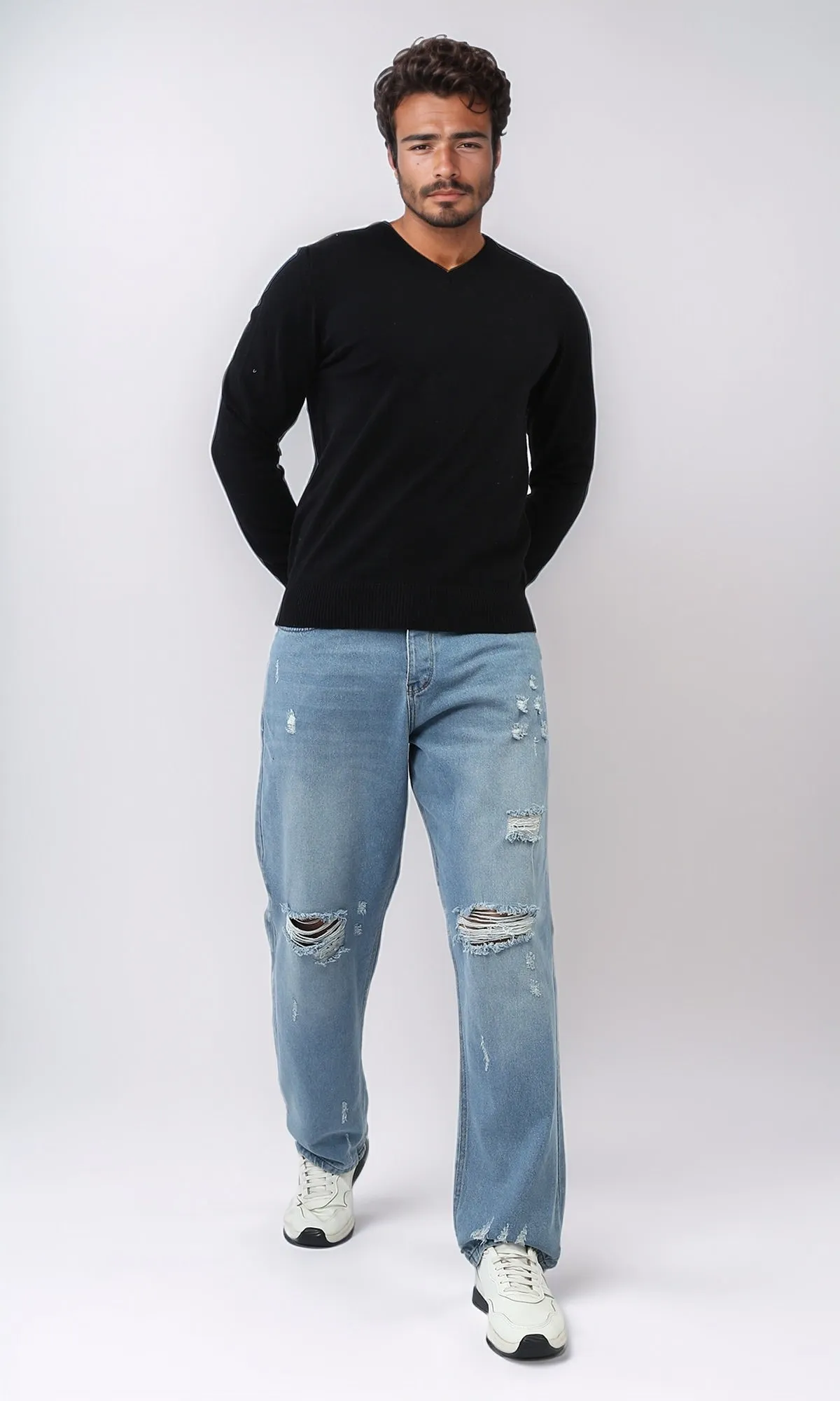 o198782 - Solid V-Neck Ribbed Hemline & Cuffs Pullover - Black