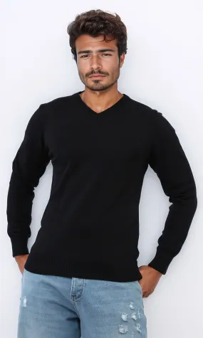 o198782 - Solid V-Neck Ribbed Hemline & Cuffs Pullover - Black