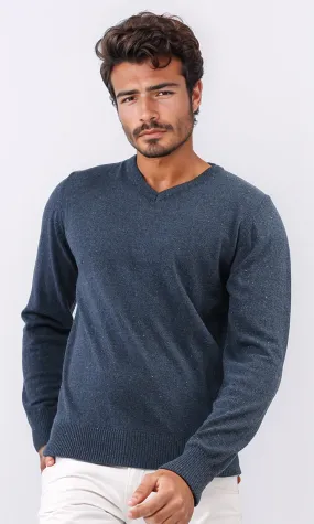 o198789 - Solid V-Neck Ribbed Hemline & Cuffs Pullover - Dark Jeans Blue