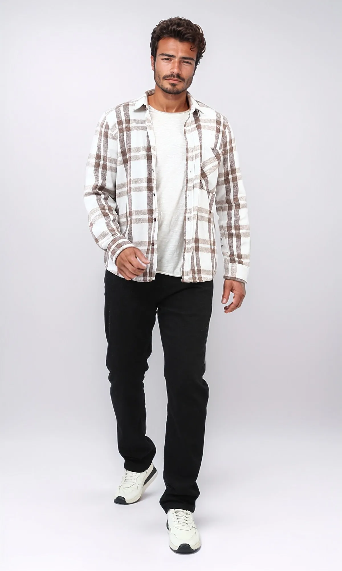 o200605 - Cotton Checkered Side Left Pocket Shirt - Beige & White