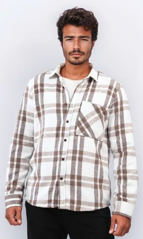 o200605 - Cotton Checkered Side Left Pocket Shirt - Beige & White