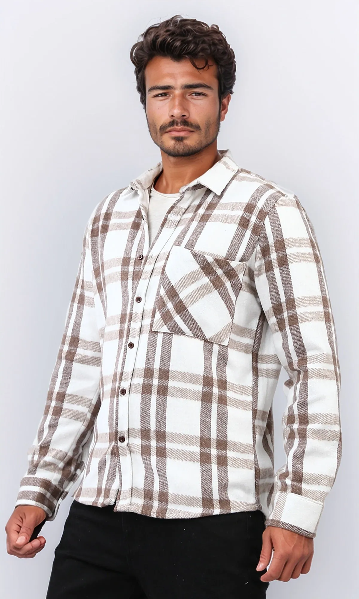 o200605 - Cotton Checkered Side Left Pocket Shirt - Beige & White