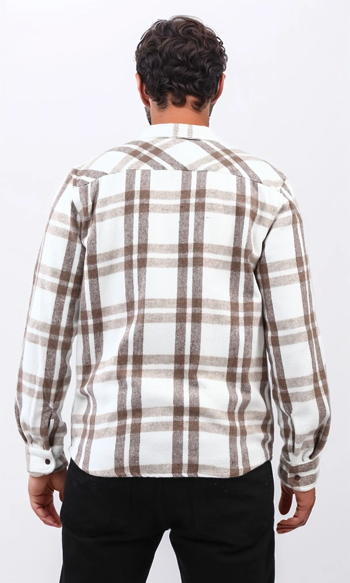 o200605 - Cotton Checkered Side Left Pocket Shirt - Beige & White
