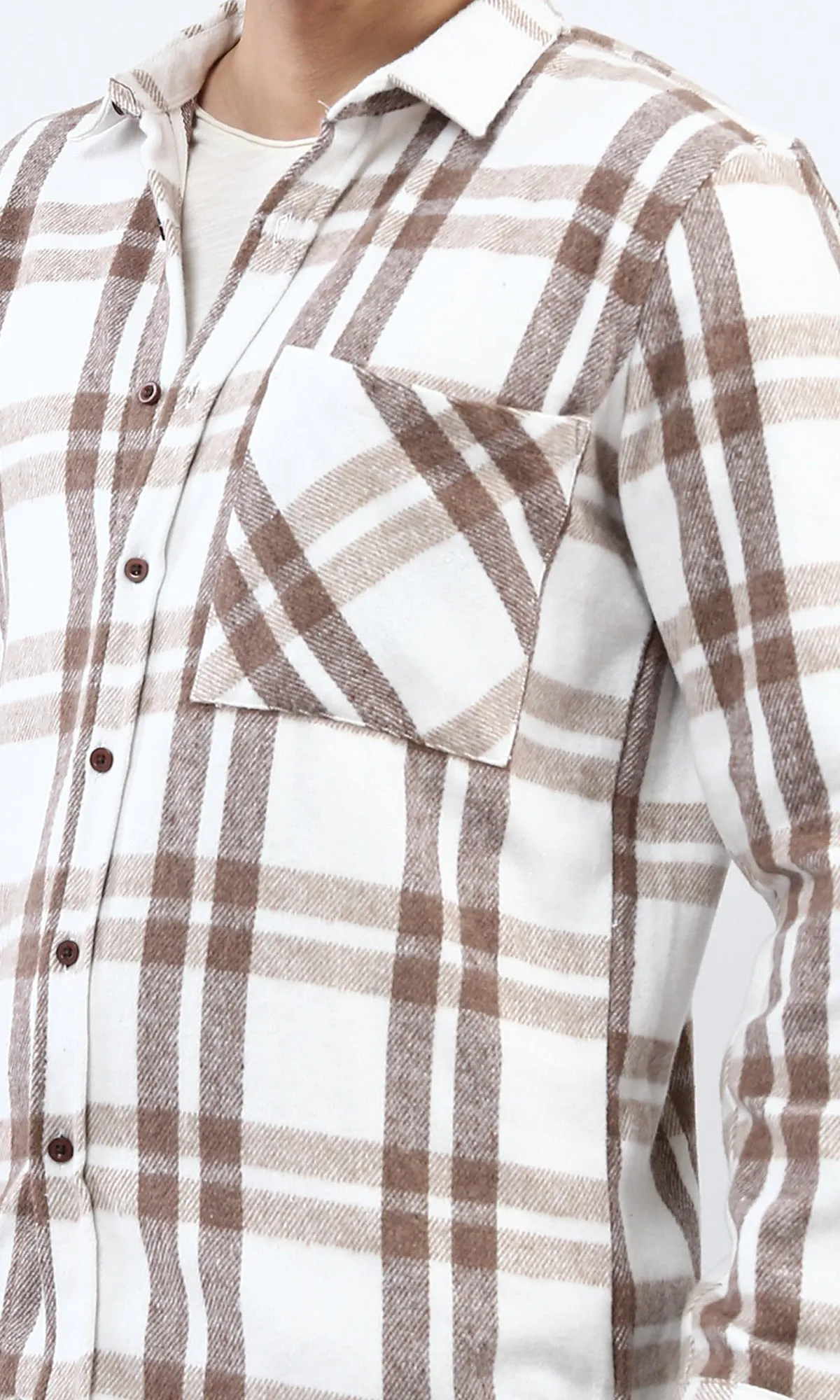 o200605 - Cotton Checkered Side Left Pocket Shirt - Beige & White