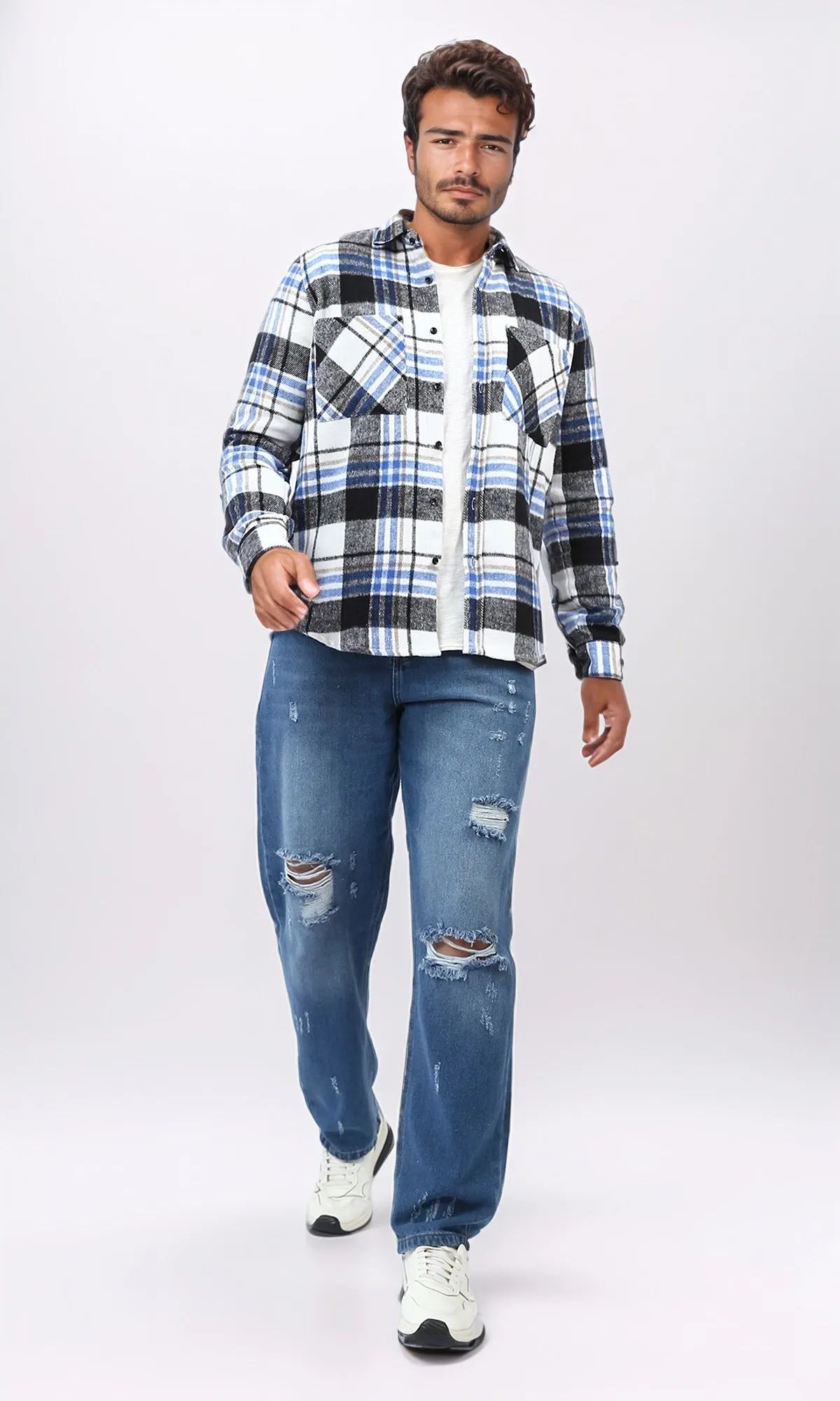 o200606 - Full Buttoned Plaids Heavy Winter Shirt - Blue & Black