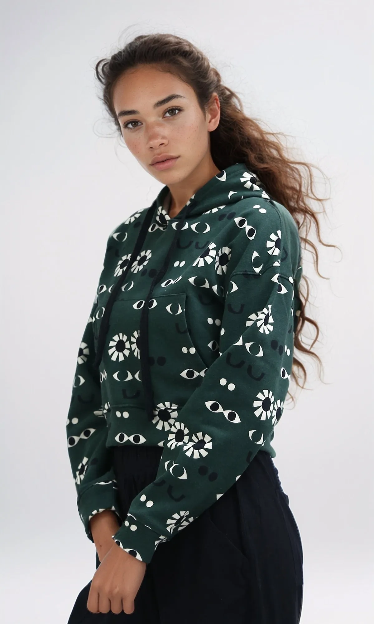 O201267 - Patterned Slip On Long Sleeves Hoodie - Green & Black