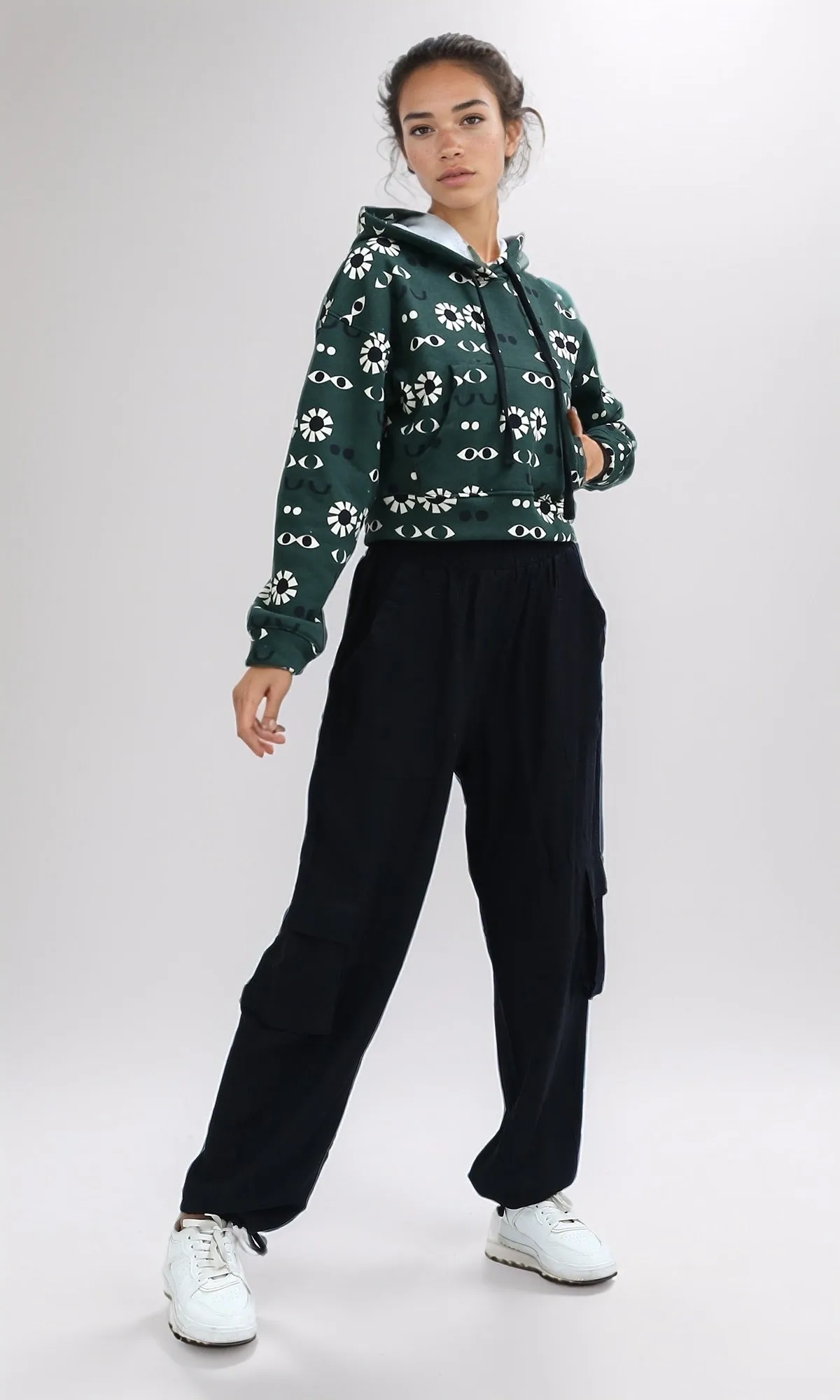 O201267 - Patterned Slip On Long Sleeves Hoodie - Green & Black