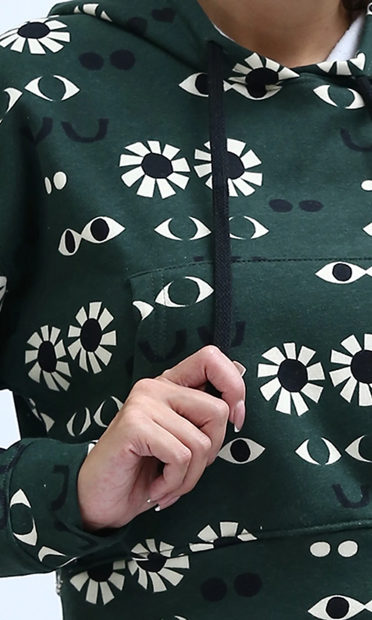 O201267 - Patterned Slip On Long Sleeves Hoodie - Green & Black