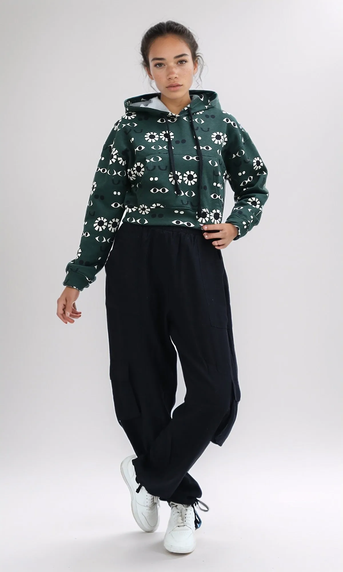 O201267 - Patterned Slip On Long Sleeves Hoodie - Green & Black
