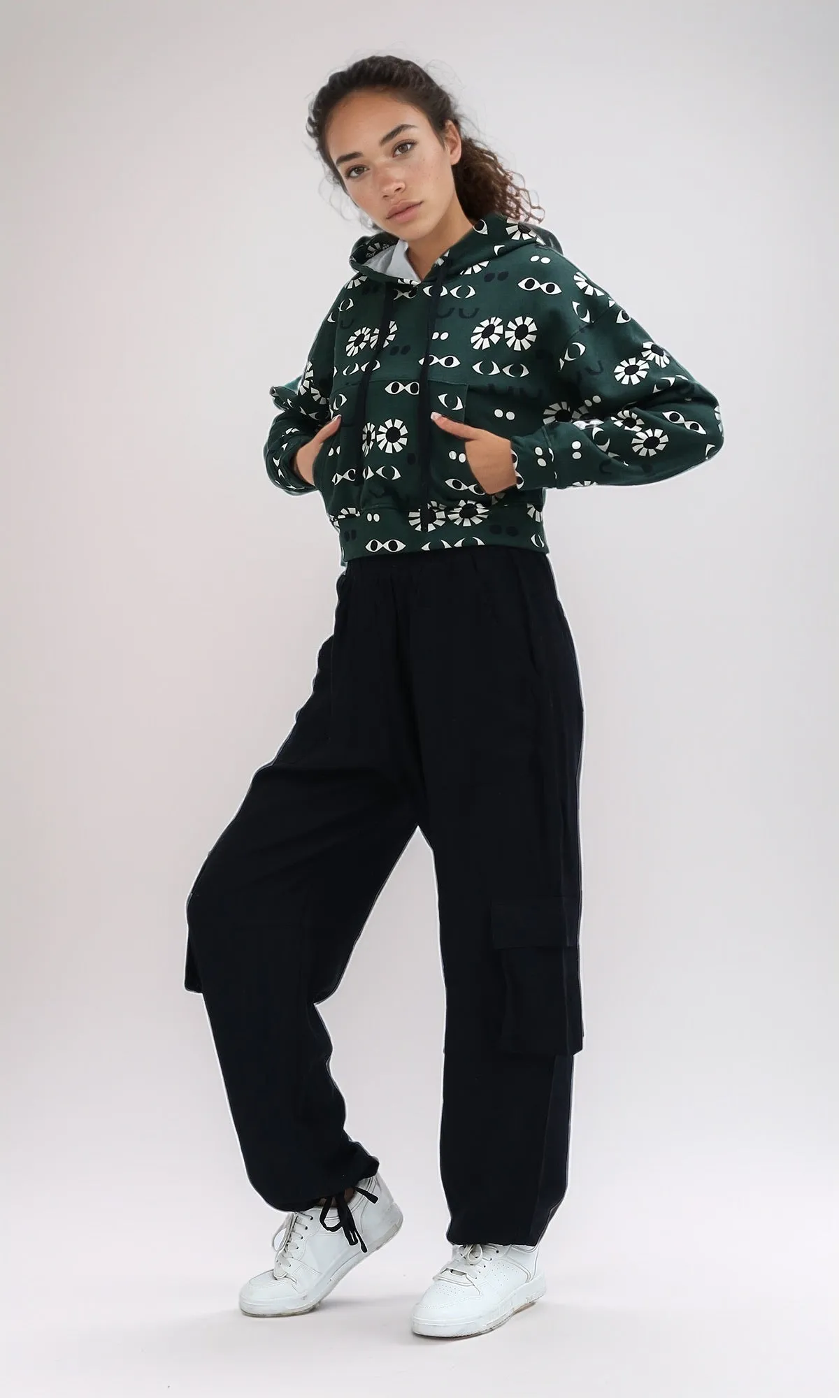 O201267 - Patterned Slip On Long Sleeves Hoodie - Green & Black