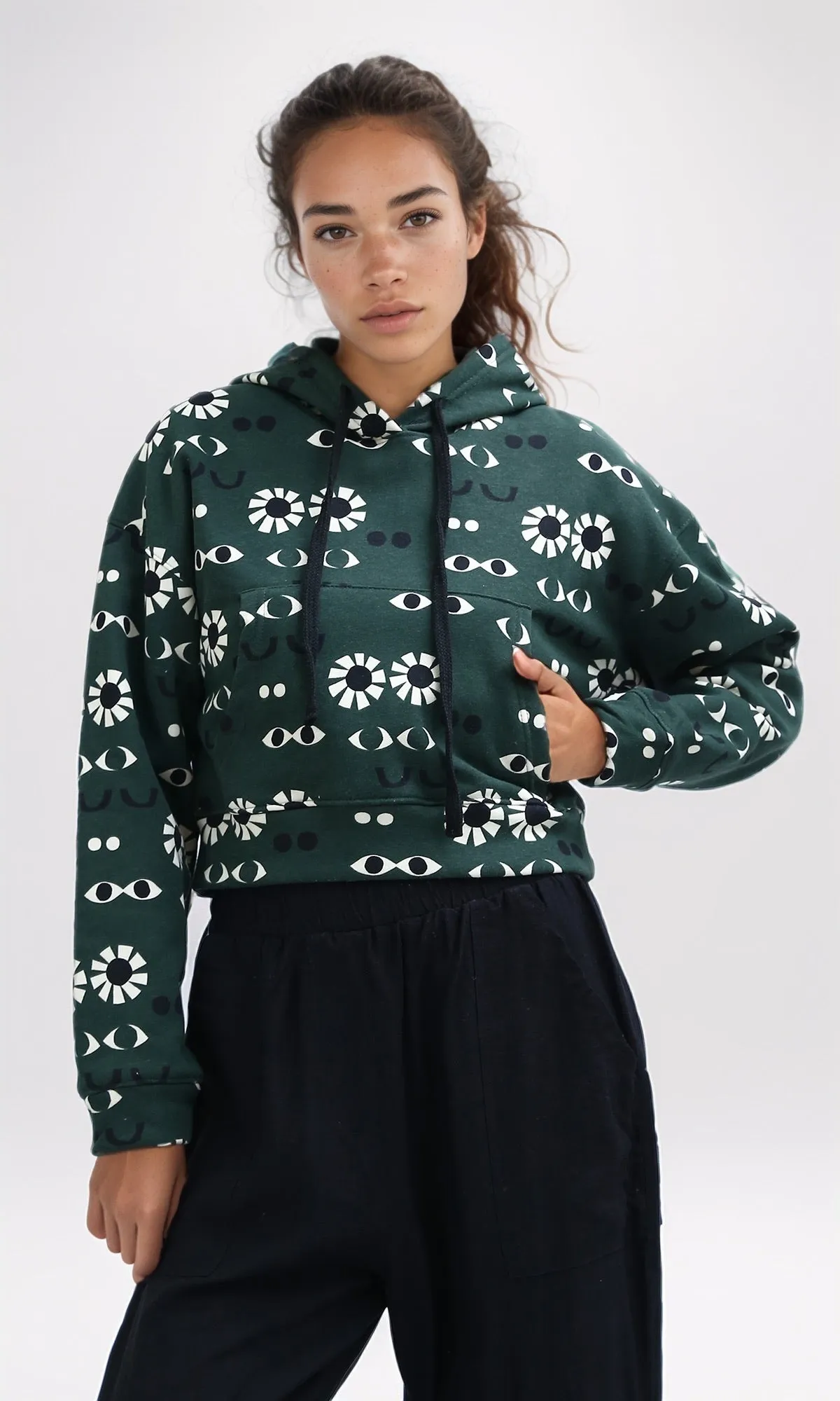 O201267 - Patterned Slip On Long Sleeves Hoodie - Green & Black