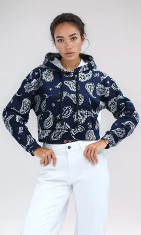 O201268 - Navy & White Patterned Cropped Hoodie With Drawstring