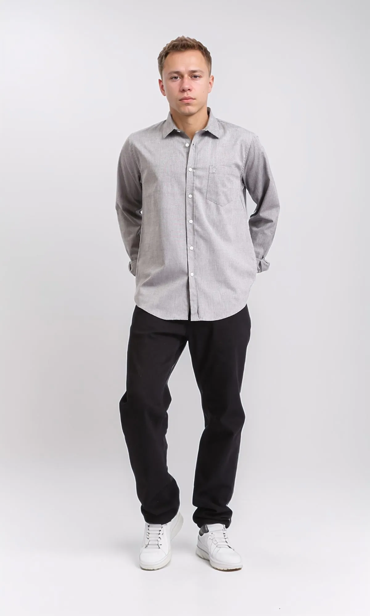 R206950 - Long Sleeves Solid Shirt with Front Pocket - Medium Grey