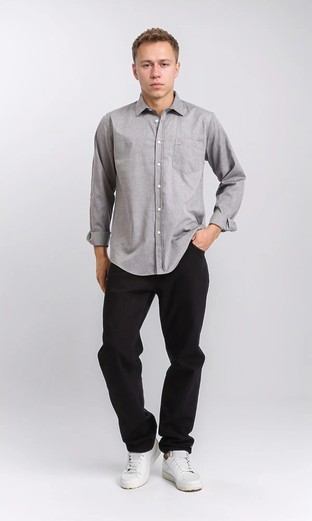R206950 - Long Sleeves Solid Shirt with Front Pocket - Medium Grey