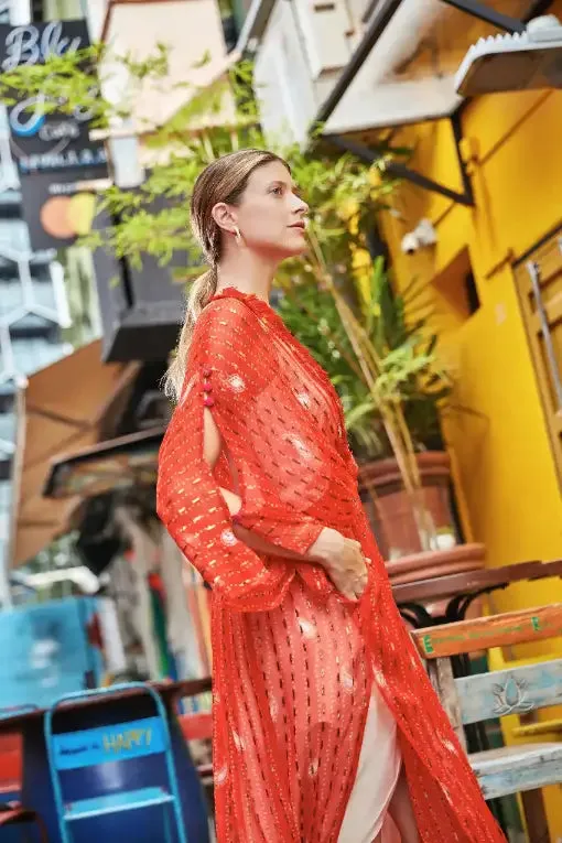 Red Bandhani Kimono Duster