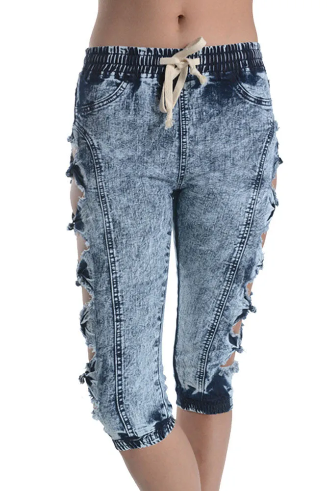 Women's Cut-N-Tied Acid Wash Jogger Capri