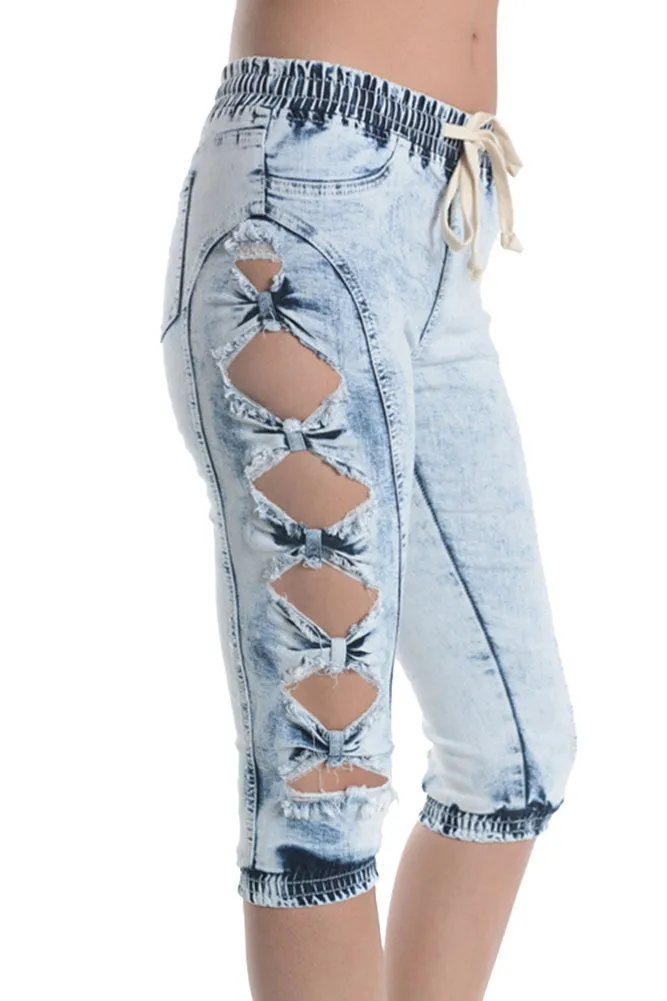 Women's Cut-N-Tied Acid Wash Jogger Capri