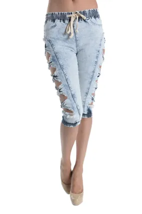 Women's Cut-N-Tied Acid Wash Jogger Capri