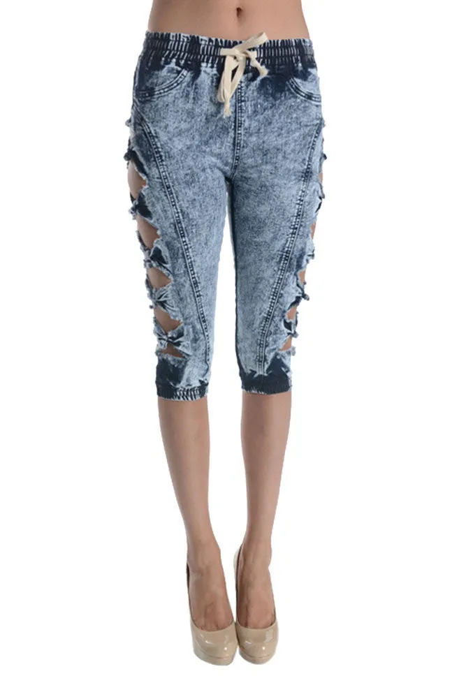 Women's Cut-N-Tied Acid Wash Jogger Capri