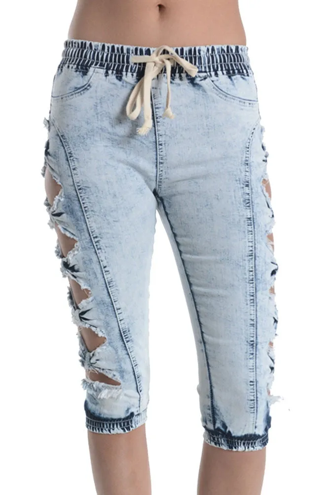 Women's Cut-N-Tied Acid Wash Jogger Capri